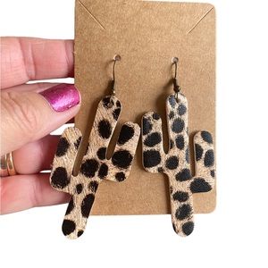 Vegan Leather Animal Print Saguaro Cactus Drop Earrings